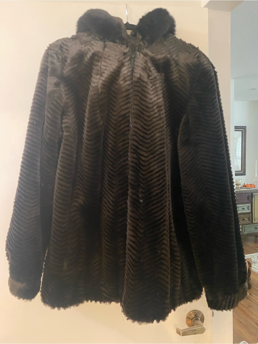 Gallery Black Chevron-Textured Faux Fur Hooded Teddy Jacket